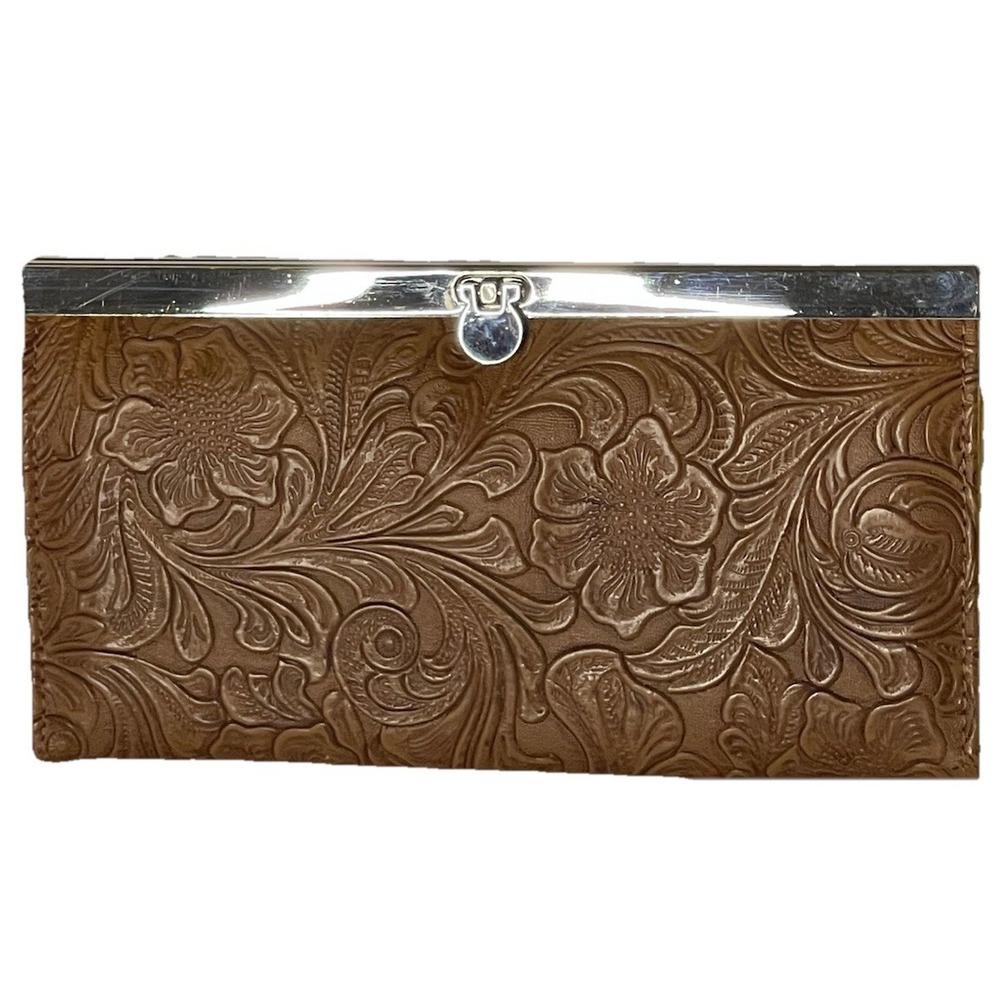 Brown Stamped Faux‎ Leather Wallet Clutch Metal Frame Snap ID Card Holder Zip